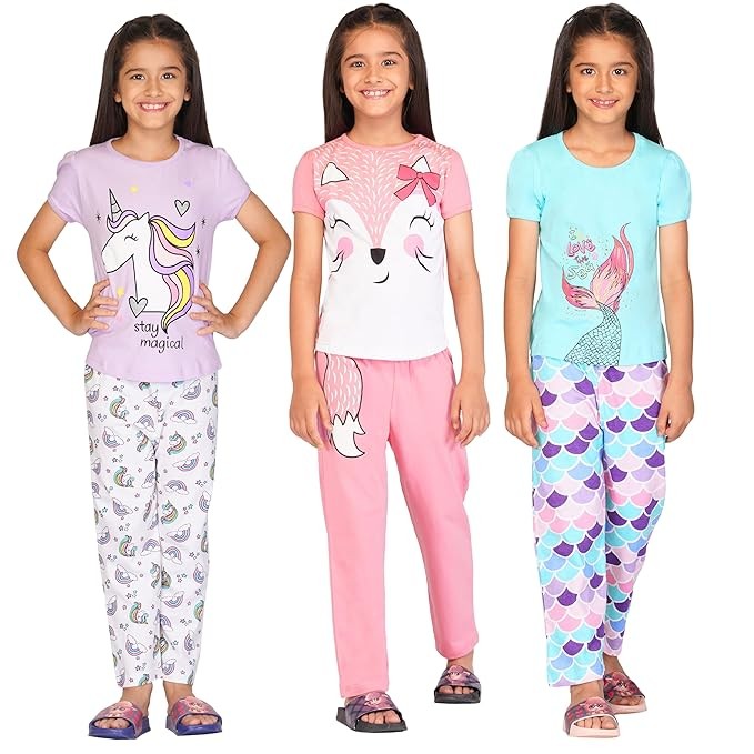 Girls Cotton ' Night Wear Dress T Shirt & Pyjama Set