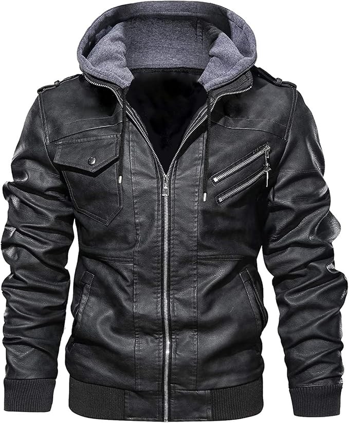 Men's Leather Hooded Motorcycle JacketMen's Leather Hooded Motorcycle Jacket