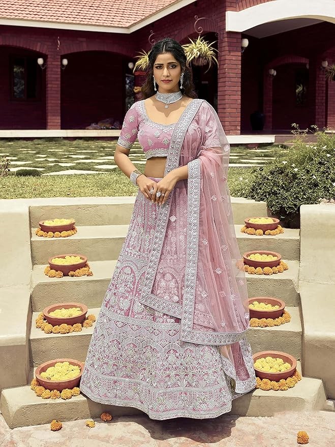 Women Organza Lehenga Choli Pink