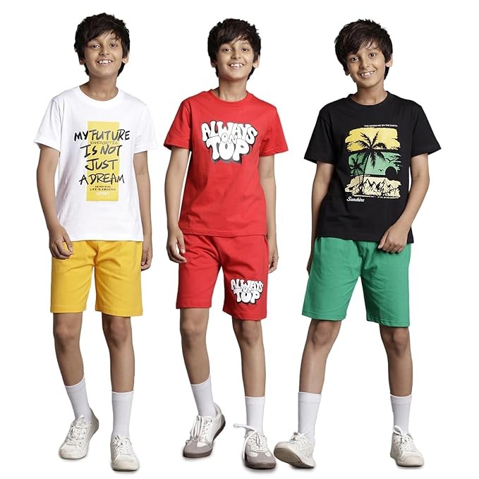 Boys Cotton Printed Regular Fit T-Shirt and Shorts