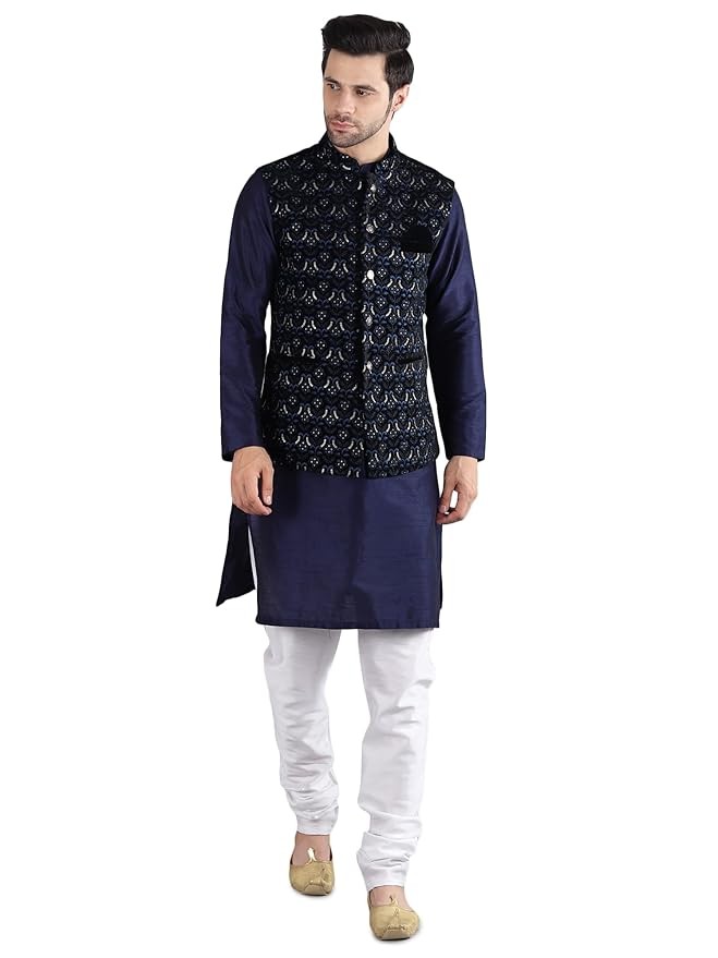 Men's Silk Kurta Pajama with Designer Ethnic Nehru Jacket