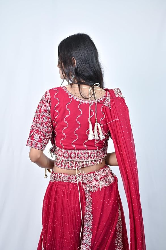 Red Lehenga Set with Silver Embroidery