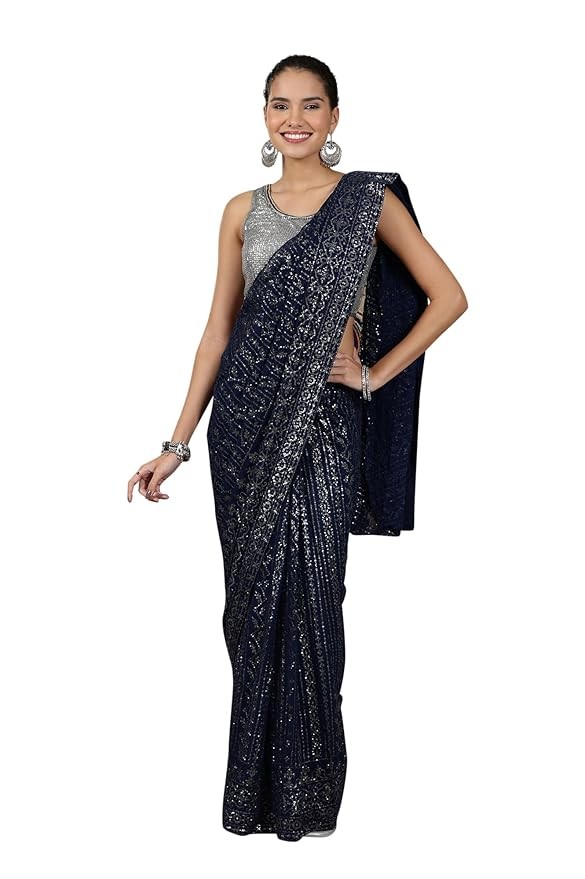 Women's Silver and Blue Saree Set