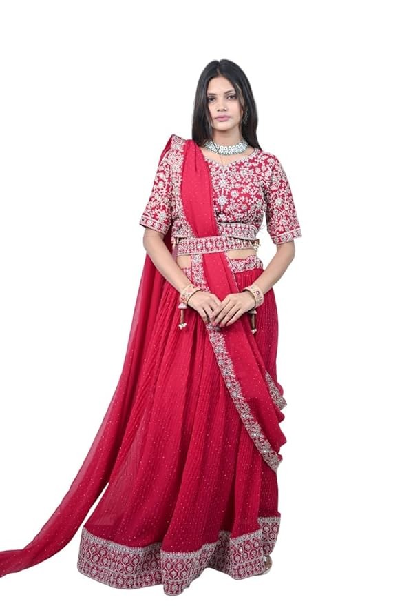 Red Lehenga Set with Silver Embroidery