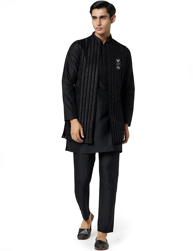 Men Black Sheer Kurta Jacket Trouser Set